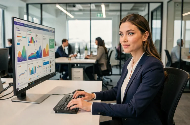 Une professionnelle analysant des tableaux de bord de communication digitale sur un grand écran dans un bureau moderne en open space