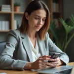 Femme utilisant une application mobile de gestion de mesures de protection sur son smartphone dans un bureau à domicile