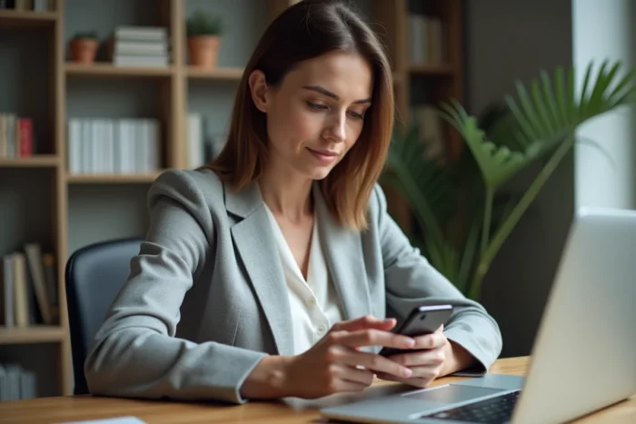 Femme utilisant une application mobile de gestion de mesures de protection sur son smartphone dans un bureau à domicile