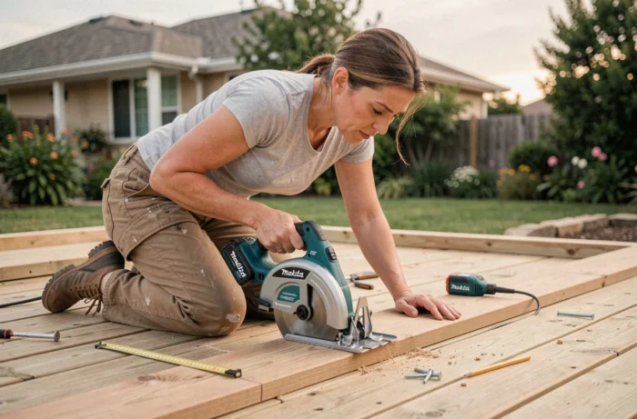 Femme bricoleuse découpant des lames de terrasse avec la scie circulaire Makita DHS680Z en extérieur