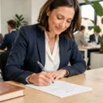 Femme professionnelle écrivant avec un stylo bille sans bavure sur un document dans un bureau moderne