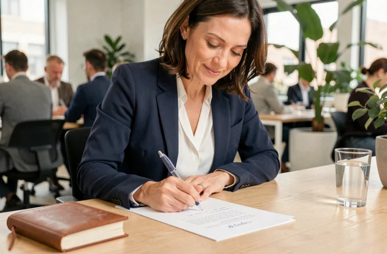 Femme professionnelle écrivant avec un stylo bille sans bavure sur un document dans un bureau moderne