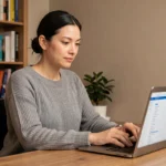 Femme consultant le plan du site d'un site web sur un ordinateur portable dans un bureau à domicile organisé