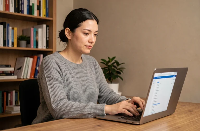 Femme consultant le plan du site d'un site web sur un ordinateur portable dans un bureau à domicile organisé