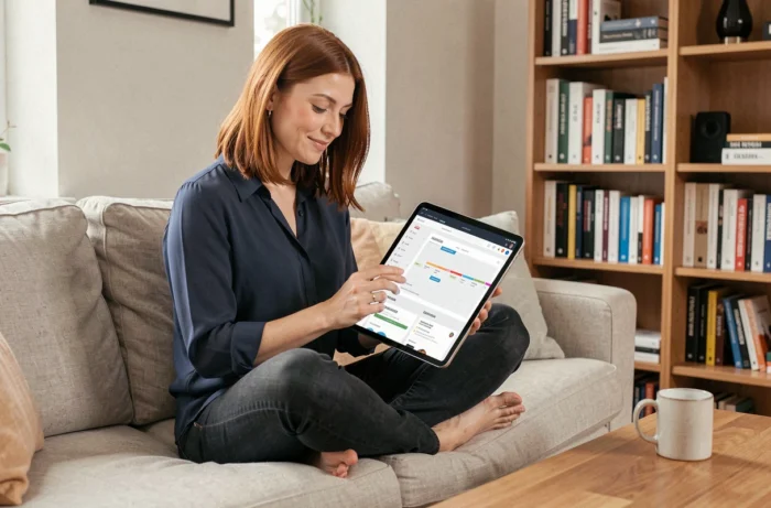 Femme consultant un plan de site sur tablette confortablement installée dans un salon chaleureux