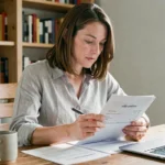 Femme examinant un contrat de location avec un solde antérieur de loyer sur un bureau en bois