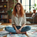 Femme créative assise sur un parquet entourée de carnets de croquis et de collages colorés dans un studio artistique
