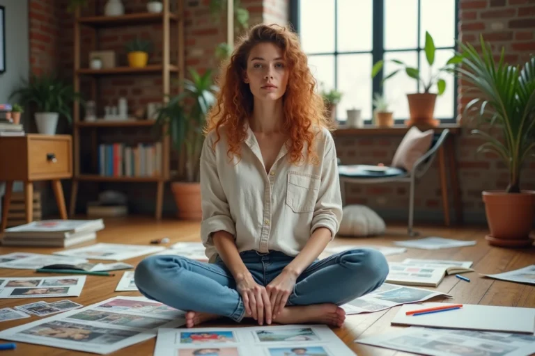 Femme créative assise sur un parquet entourée de carnets de croquis et de collages colorés dans un studio artistique