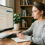 Femme développeuse consultant des ressources informatiques sur un écran ultrawide dans un bureau moderne