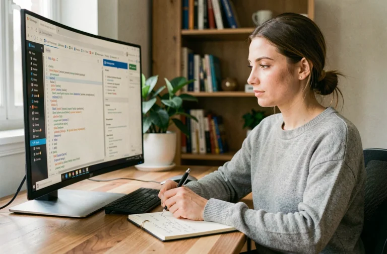 Femme développeuse consultant des ressources informatiques sur un écran ultrawide dans un bureau moderne