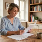 Femme consultant des documents administratifs pour déclarer ses enfants à la retraite