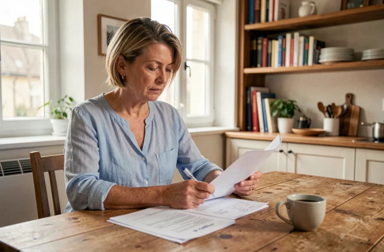 Femme consultant des documents administratifs pour déclarer ses enfants à la retraite