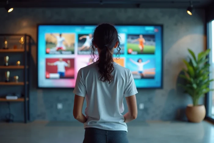 Femme présentant les rubriques d'un portail sportif sur un grand écran numérique en studio média