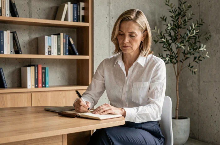 Femme entrepreneur concentrée prenant des notes dans un bureau privé élégant, illustrant la stratégie et la détermination nécessaires à la construction d'une fortune entrepreneuriale