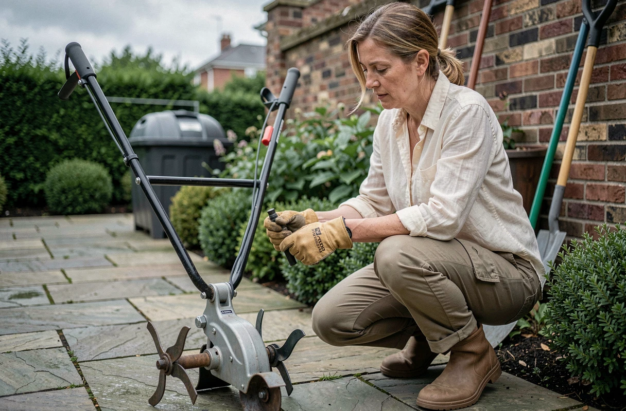 Femme inspectant les fraises d'une motobineuse Honda FG 320 dans un jardin résidentiel