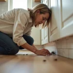 Femme inspecte une invasion d'ophones près d'une plinthe de cuisine dans une maison