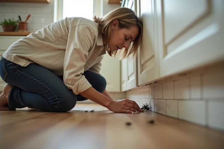 Femme inspecte une invasion d'ophones près d'une plinthe de cuisine dans une maison