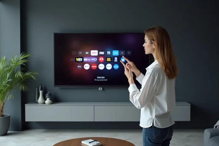 Femme pointant l'écran d'un téléviseur Philips affichant une interface d'application IPTV avec une grille de chaînes