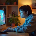 Jeune femme jouant aux Sims 4 sur son ordinateur portable avec des packs d'extension affichés à l'écran