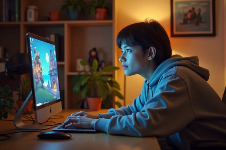 Jeune femme jouant aux Sims 4 sur son ordinateur portable avec des packs d'extension affichés à l'écran