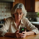 Femme marocaine méfiante regardant un appel WhatsApp entrant avec l'indicatif +212 sur son téléphone