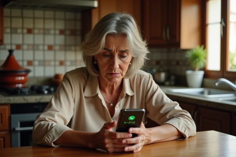 Femme marocaine méfiante regardant un appel WhatsApp entrant avec l'indicatif +212 sur son téléphone