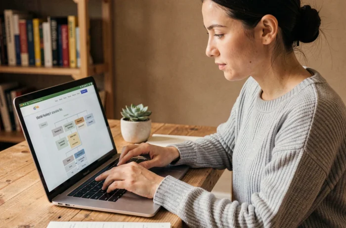 Femme naviguant sur un plan de site web depuis son bureau à domicile