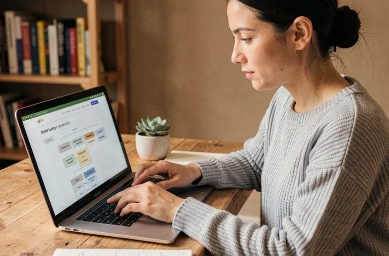 Femme naviguant sur un plan de site web depuis son bureau à domicile