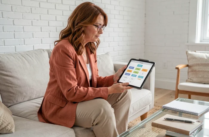 Femme lisant un plan de site structuré sur une tablette dans son salon