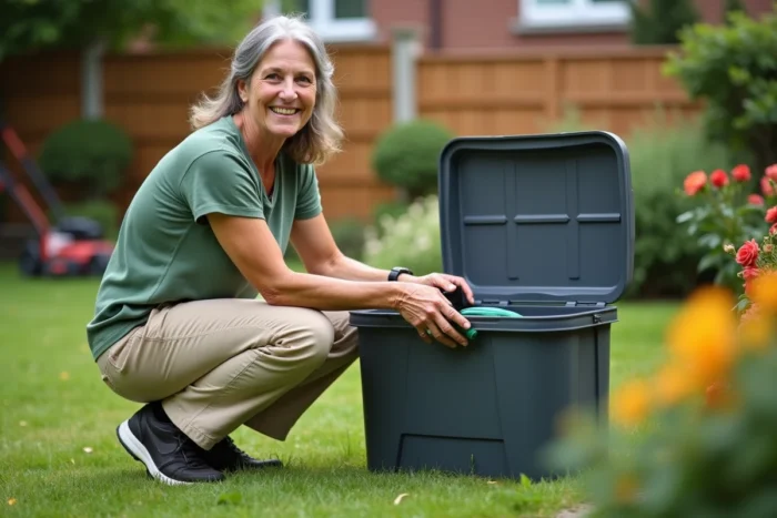 Femme rangeant un tuyau d'arrosage dans un coffre de jardin gris foncé sur une pelouse verte