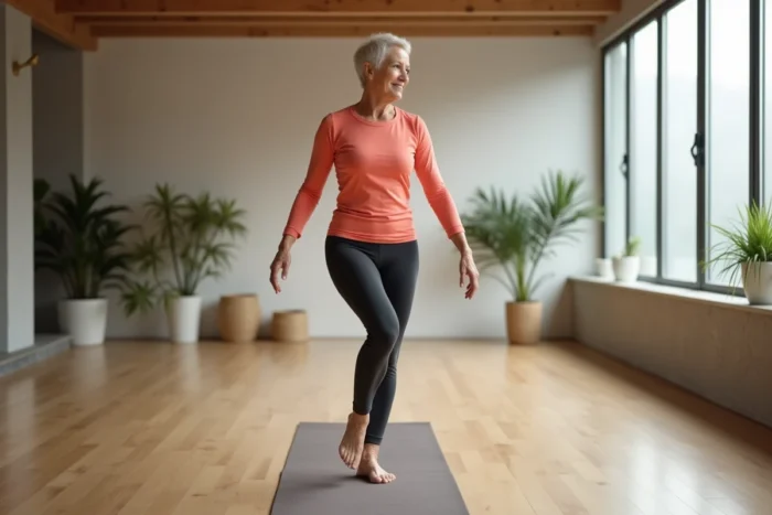 Femme senior active pratiquant un exercice d'équilibre dans un studio bien-être Quintonic à Paris