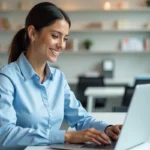 Femme professionnelle créant une signature email sur son ordinateur portable dans un bureau moderne