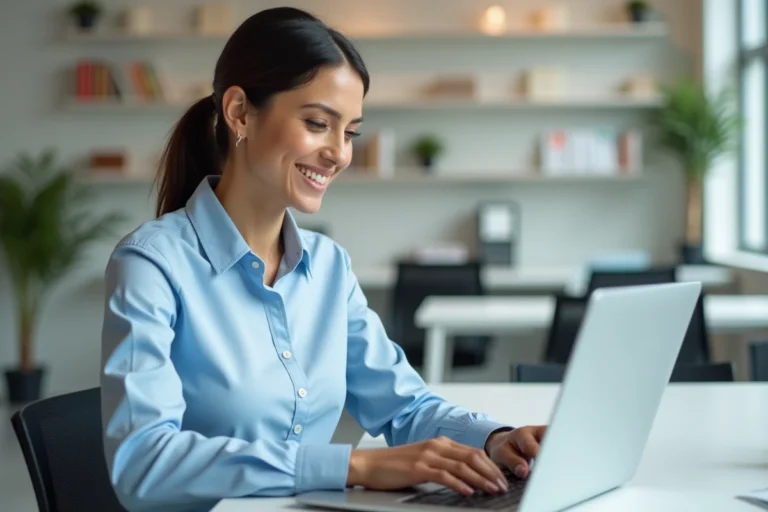 Femme professionnelle créant une signature email sur son ordinateur portable dans un bureau moderne