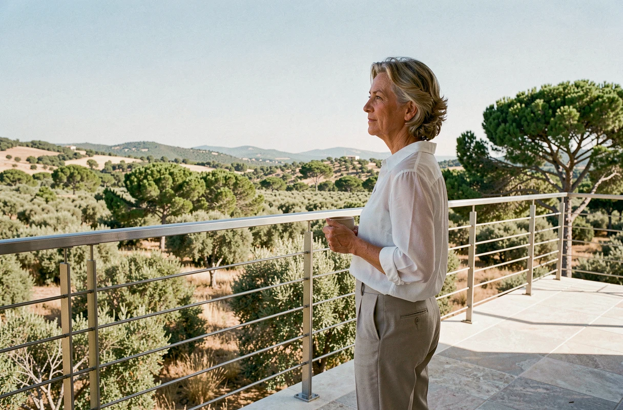 Femme contemplant le paysage de garrigue depuis la terrasse d'une villa neuve près de Pézenas dans l'Hérault