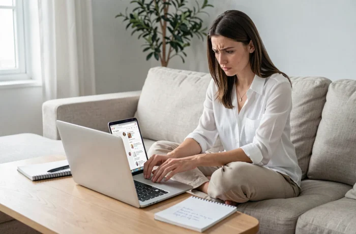 Jeune femme vérifiant les avis clients sur un site de vente de bijoux en ligne pour éviter les arnaques