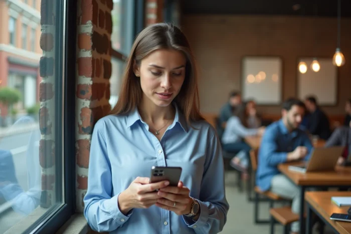 Femme vérifiant un site miroir sur smartphone dans un espace de coworking urbain