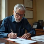 Fonctionnaire senior rédigeant sa lettre de départ à la retraite dans un bureau administratif