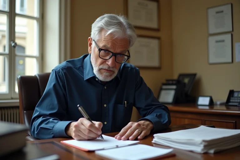 Fonctionnaire senior rédigeant sa lettre de départ à la retraite dans un bureau administratif