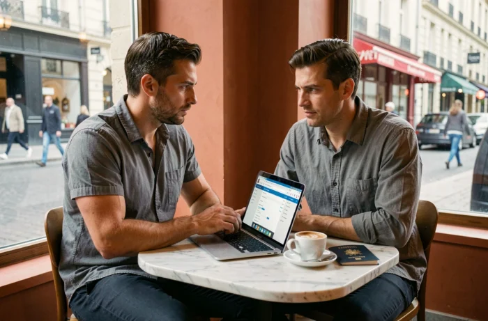 Expatrié français gérant ses finances en ligne depuis un café à l'étranger avec passeport et ordinateur portable