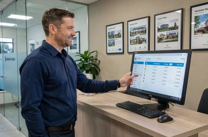 Gestionnaire immobilier présentant un récapitulatif de loyer et de solde antérieur sur un écran d'ordinateur