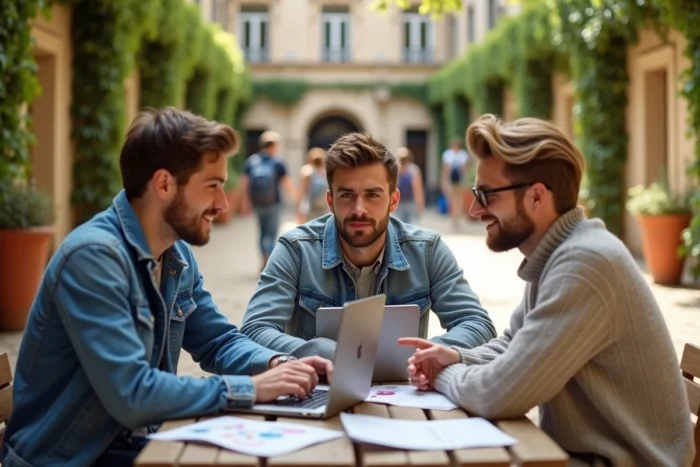 Groupe d'étudiants consultant les services et ressources de l'académie Esterel Aix-Marseille sur le campus