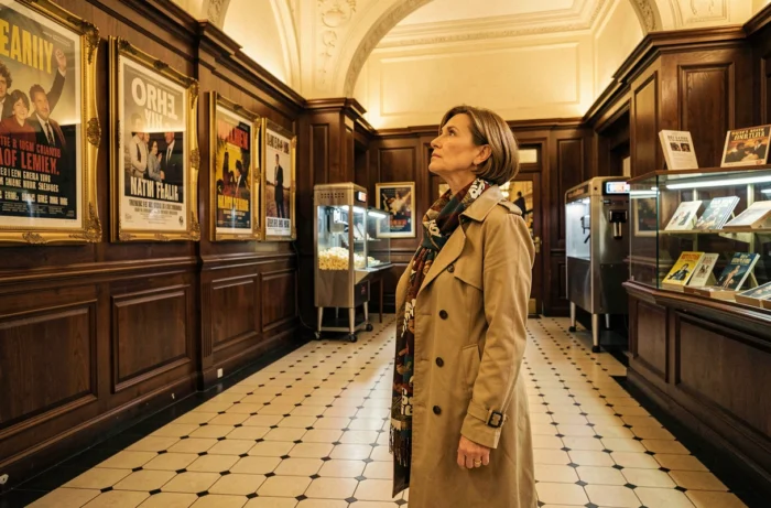 Femme contemplant des affiches de films dans le hall d'un cinéma d'art et essai au décor vintage