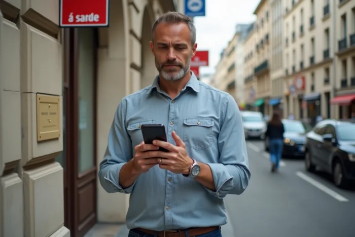 Homme consultant une application d'annonces immobilières sur son smartphone devant un immeuble à vendre en ville