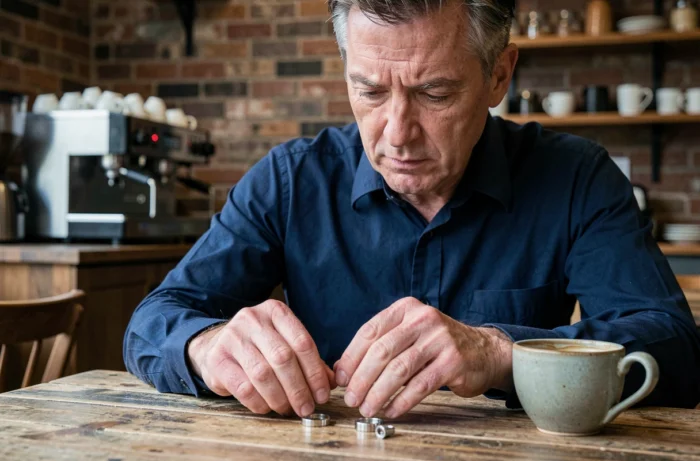 Homme comparant deux bagues en argent similaires pour détecter une contrefaçon achetée sur Internet dans un café
