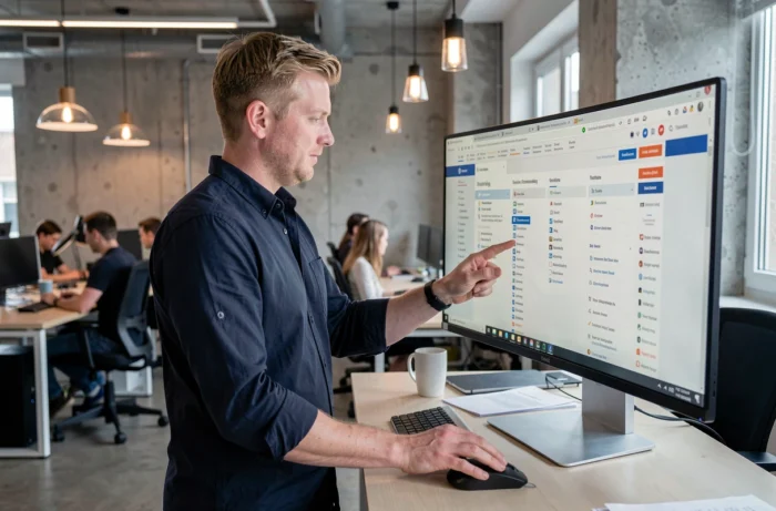 Homme consultant un plan de site web sur un grand écran dans un bureau moderne