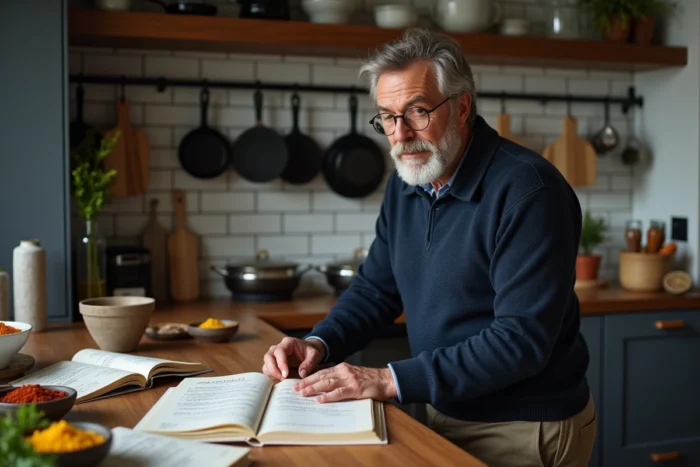 Homme passionné de cuisine explorant de nouvelles recettes entouré de livres ouverts et d'épices colorées dans une cuisine moderne