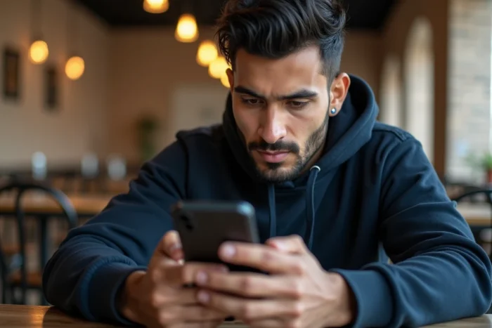 Jeune homme marocain méfiant lisant un message WhatsApp suspect avec le préfixe téléphonique 212