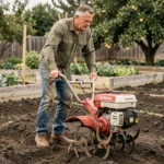 Homme utilisant une motobineuse Honda FG 320 dans un jardin potager avec sol fraîchement travaillé