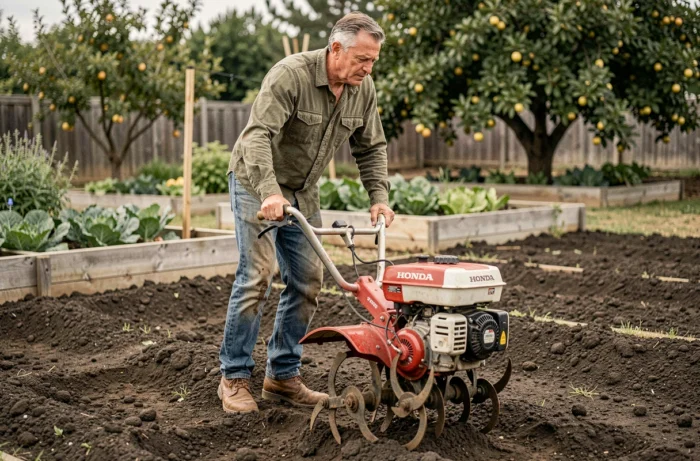 Homme utilisant une motobineuse Honda FG 320 dans un jardin potager avec sol fraîchement travaillé