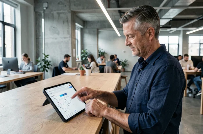 Homme naviguant sur le plan d'un site web via une tablette dans un espace de coworking moderne